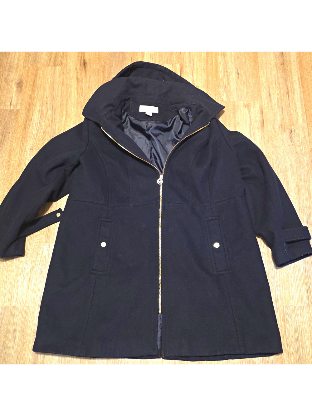 MICHAEL Michael Kors Wool Blend Hooded Coat Women 1X Black Gold Zip Plus